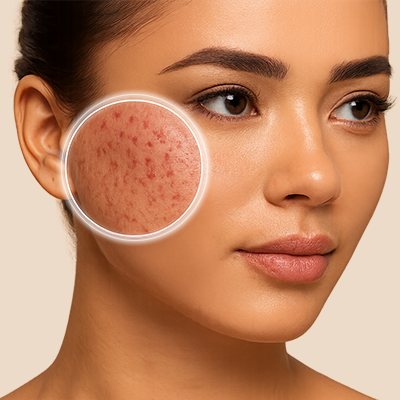 Close-up of a woman's face with a magnified view of acne on her skin.