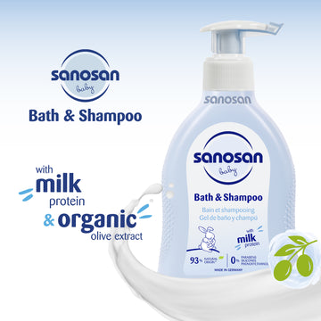 Sanosan baby bath & shampoo bottle with pump on a light blue background