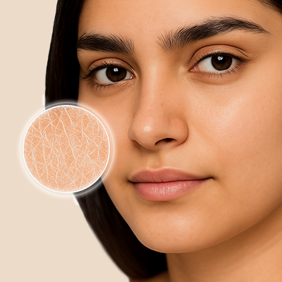 Close-up of a woman's face with a close-up inset of dehydrated skin texture on a beige background