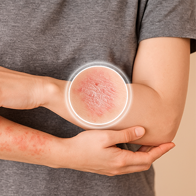 Person showing dermatitis skin condition on their arm with a magnified view.