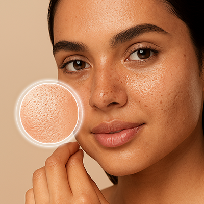 Woman with a close-up of her face and skin texture on a beige background