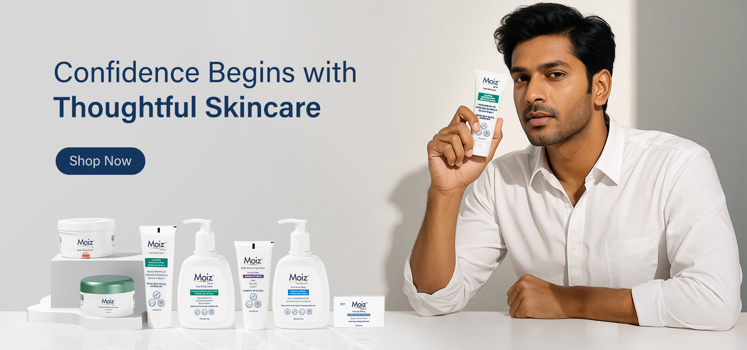 Man holding a moiz skincare product