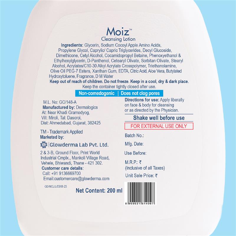 Back label of a Moiz cleansing lotion bottle with text and product details.