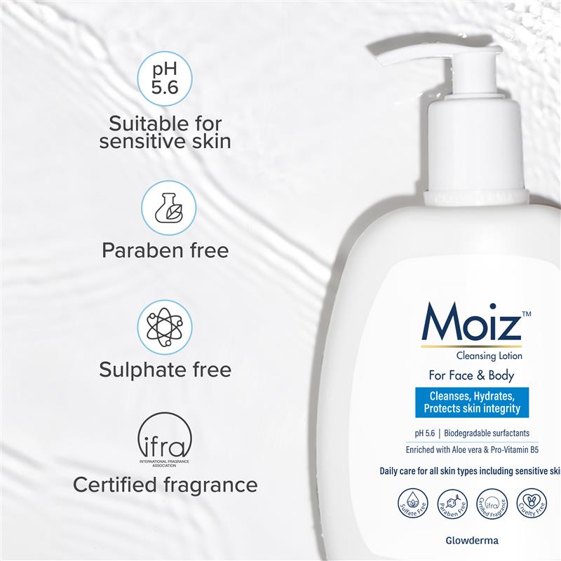 Moiz cleansing lotion bottle with product features on a light gray background