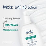 Moiz LMF 48 Lotion bottle with text highlighting 48-hour moisturization on a white background