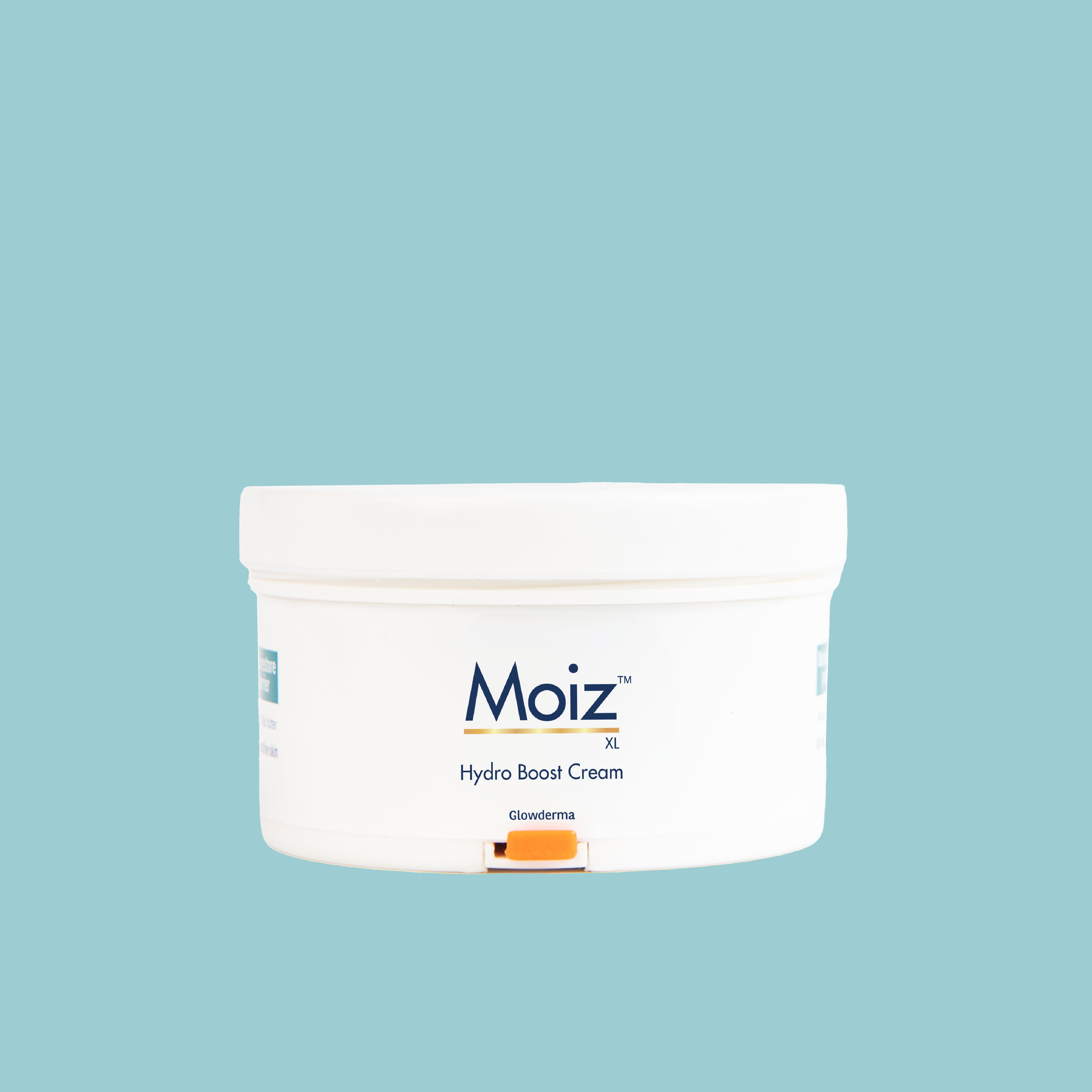 container of Moiz XL Hydro Boost Cream on blue background.