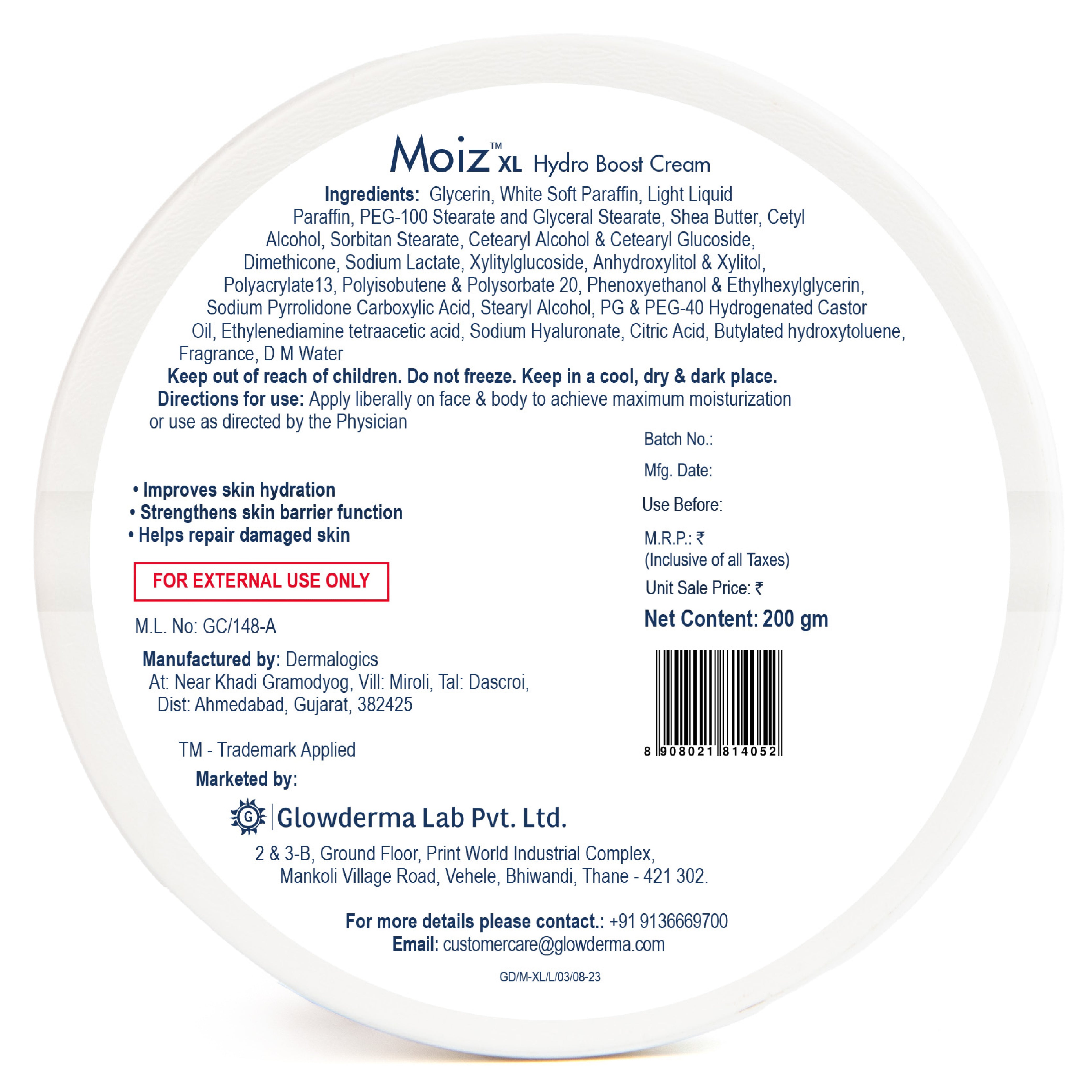 Back label of Moiz XL Hydro Boost Cream container with text and branding details.
