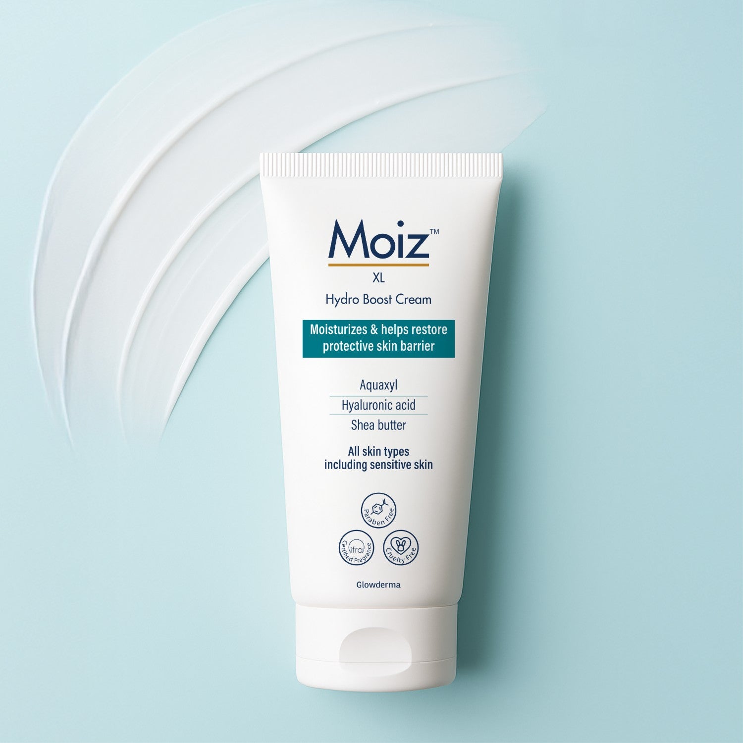 Moiz XL Hydro Boost Cream tube on a light blue background