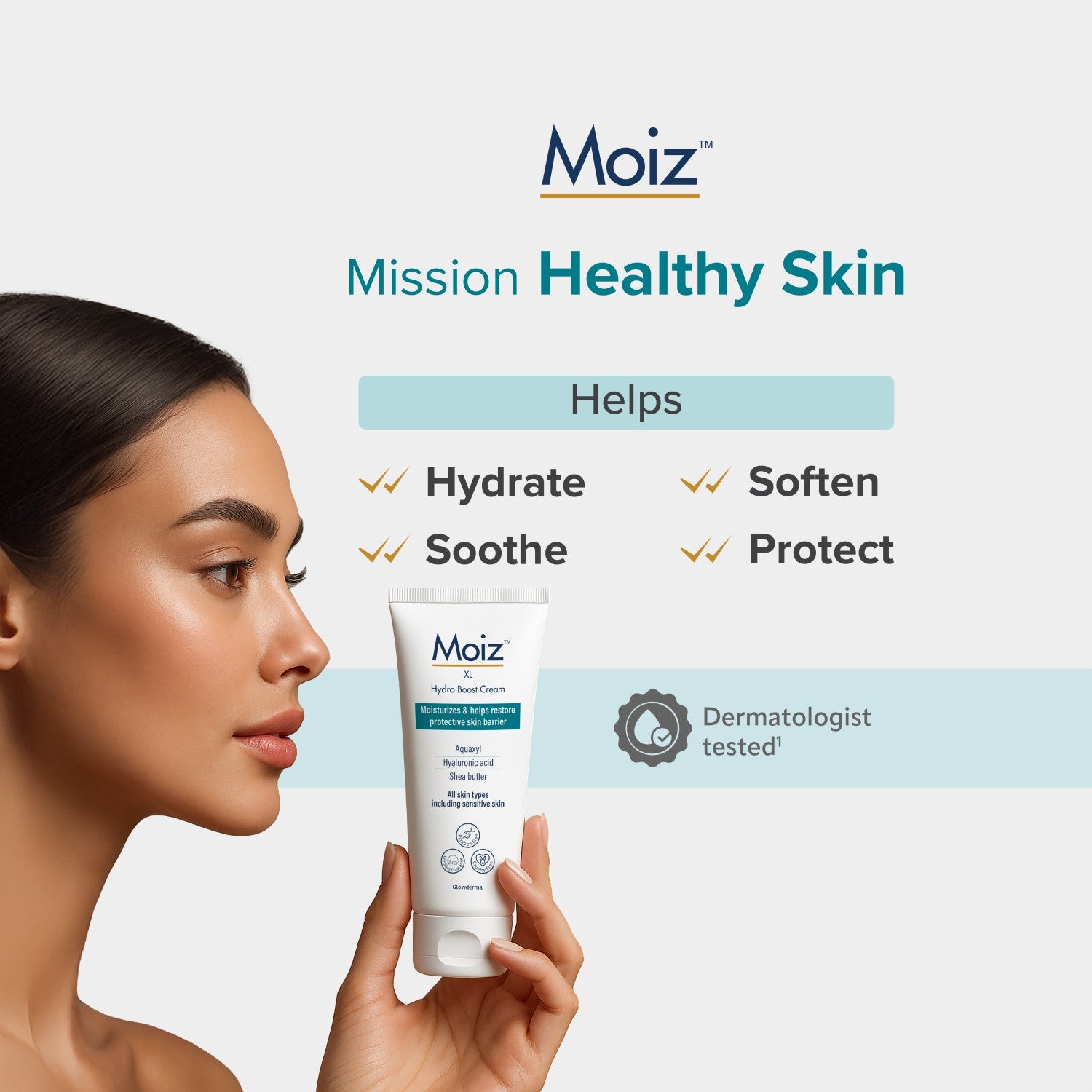 Moiz xl product with a woman holding it, labeled 'Mission Healthy Skin'.