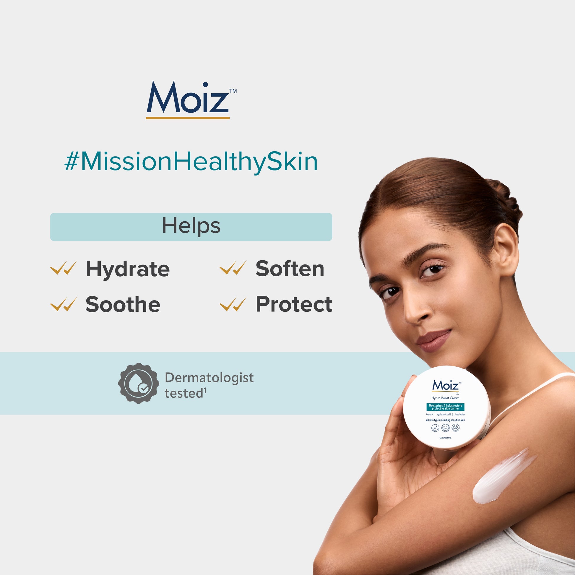Moiz skincare product with a woman holding it
