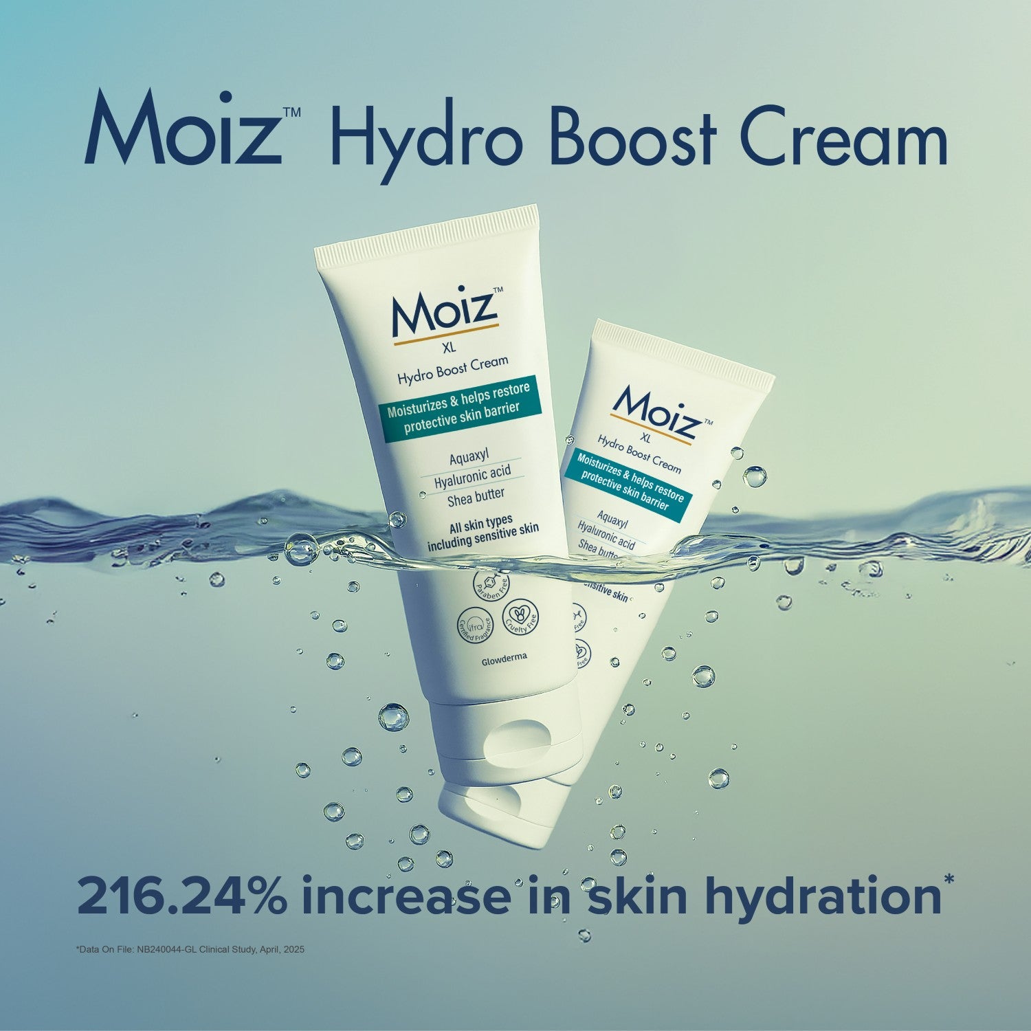 Moiz Hydro Boost Cream packaging with water background