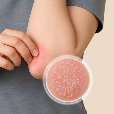 Close-up of a person's arm with a red rash and a magnified inset showing psoriasis skin texture.