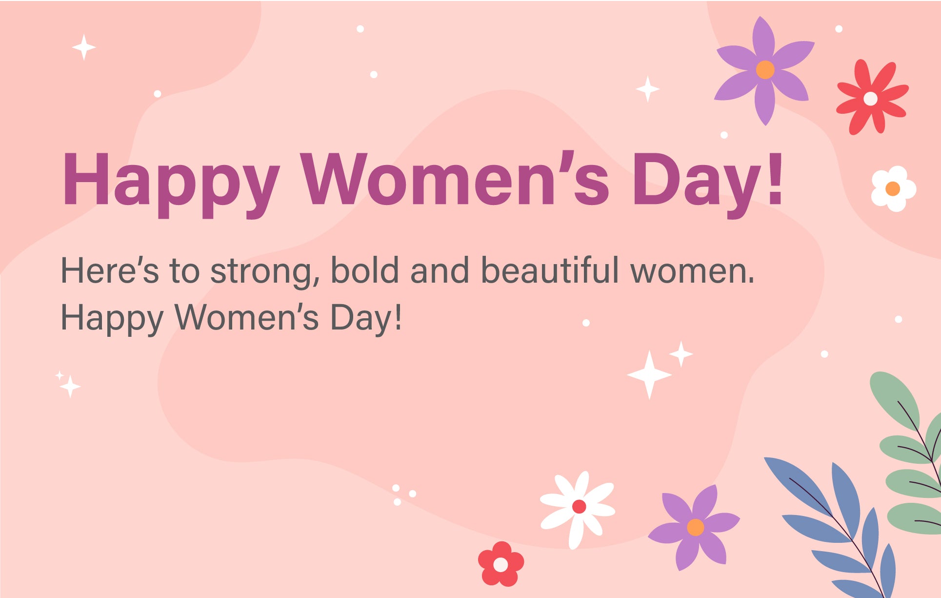 Happy Women's Day card with flowers and text on a pink background
