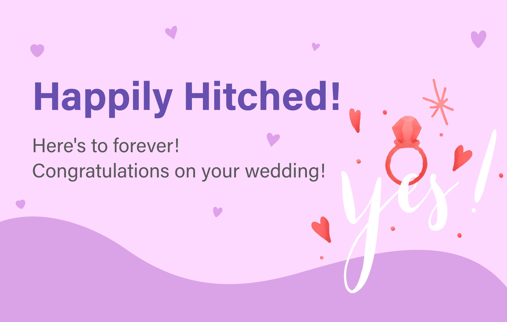 Wedding congratulations card with 'Happily Hitched!' text and wedding ring on a pink and purple background.