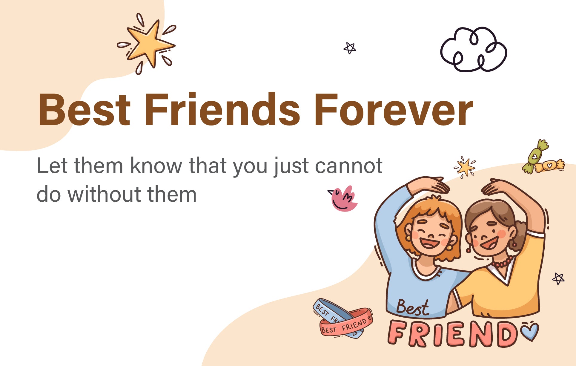Cartoon illustration of two friends with 'Best Friend' text on a beige background