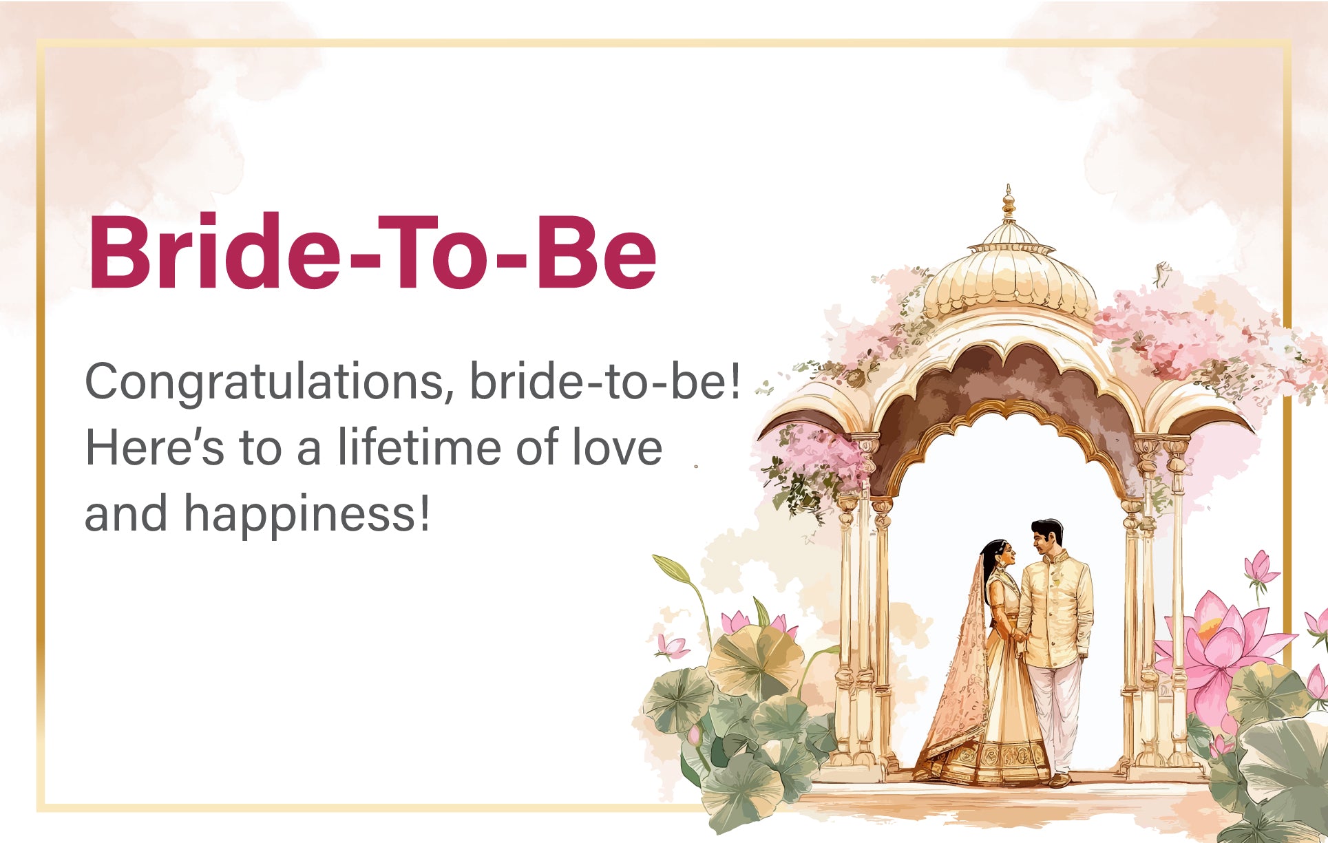 Card for bride-to-be with couple under a decorated archway, surrounded by flowers.