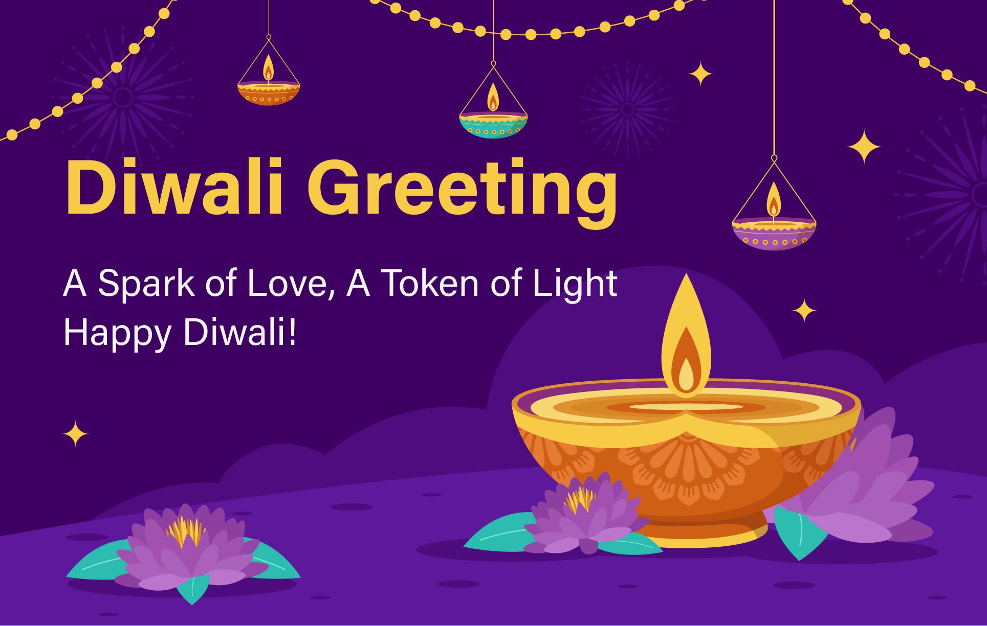 Diwali greeting card with oil lamp, flowers, and text on a purple background