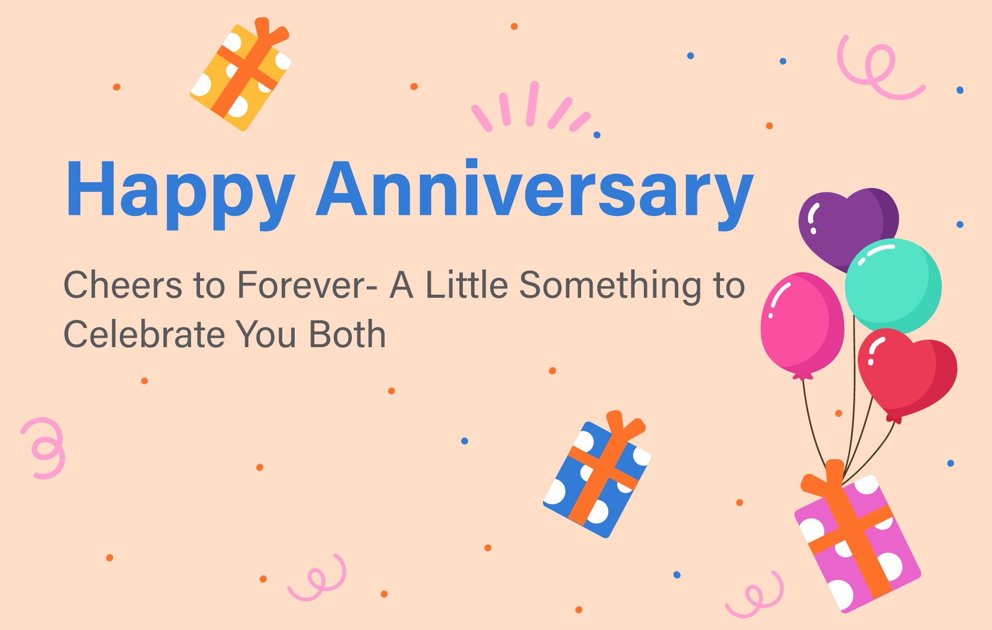 Happy Anniversary card with balloons and presents on a pink background