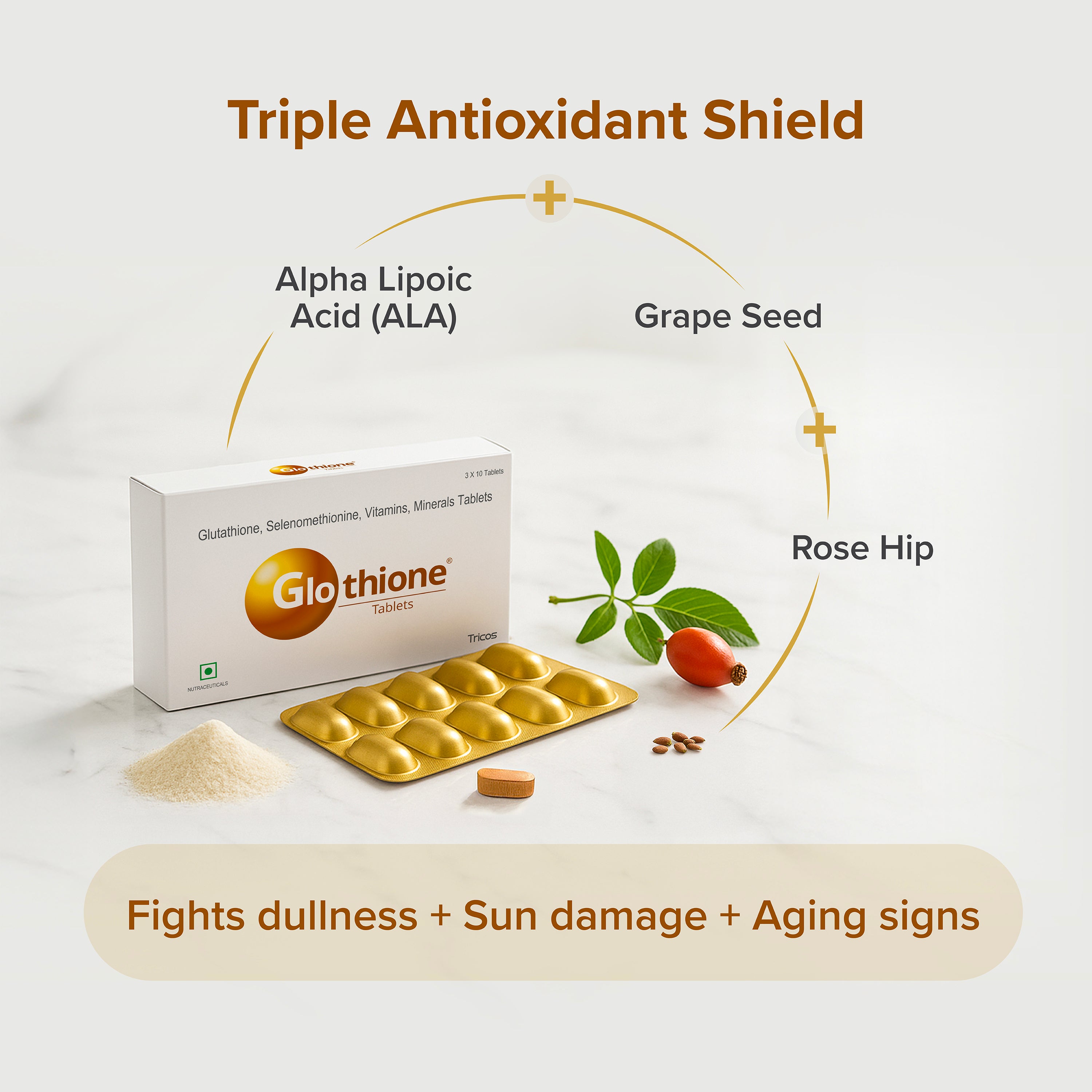 Glothione® Skin Brightening, Antioxidant, Anti-Aging, Collagen Booster with Glutathione, Niacinamide, Vitamins, Minerals | 30 Tablets