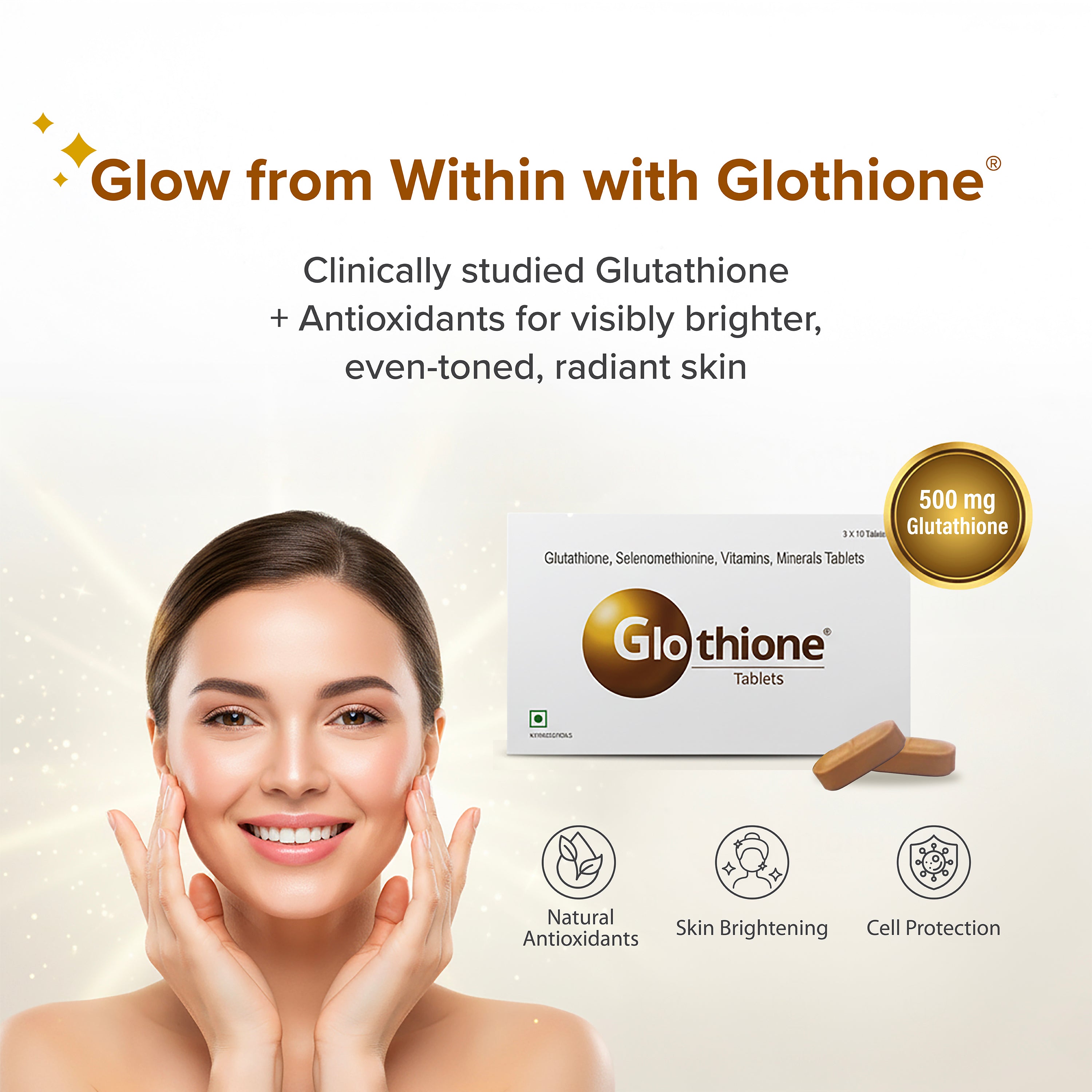 Glothione® Skin Brightening, Antioxidant, Anti-Aging, Collagen Booster with Glutathione, Niacinamide, Vitamins, Minerals | 30 Tablets