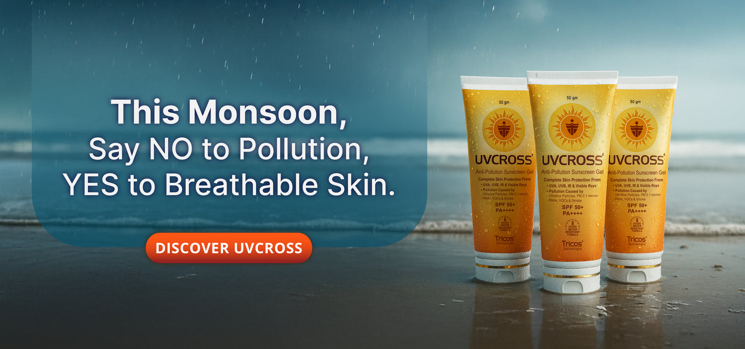 Uvcross skincare products with a beach background